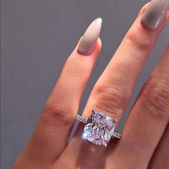 NEW! 18K White Gold Plated 5 Carat Cushion-Cut Solitaire Diamond Engagement Ring - Picture 6 of 9